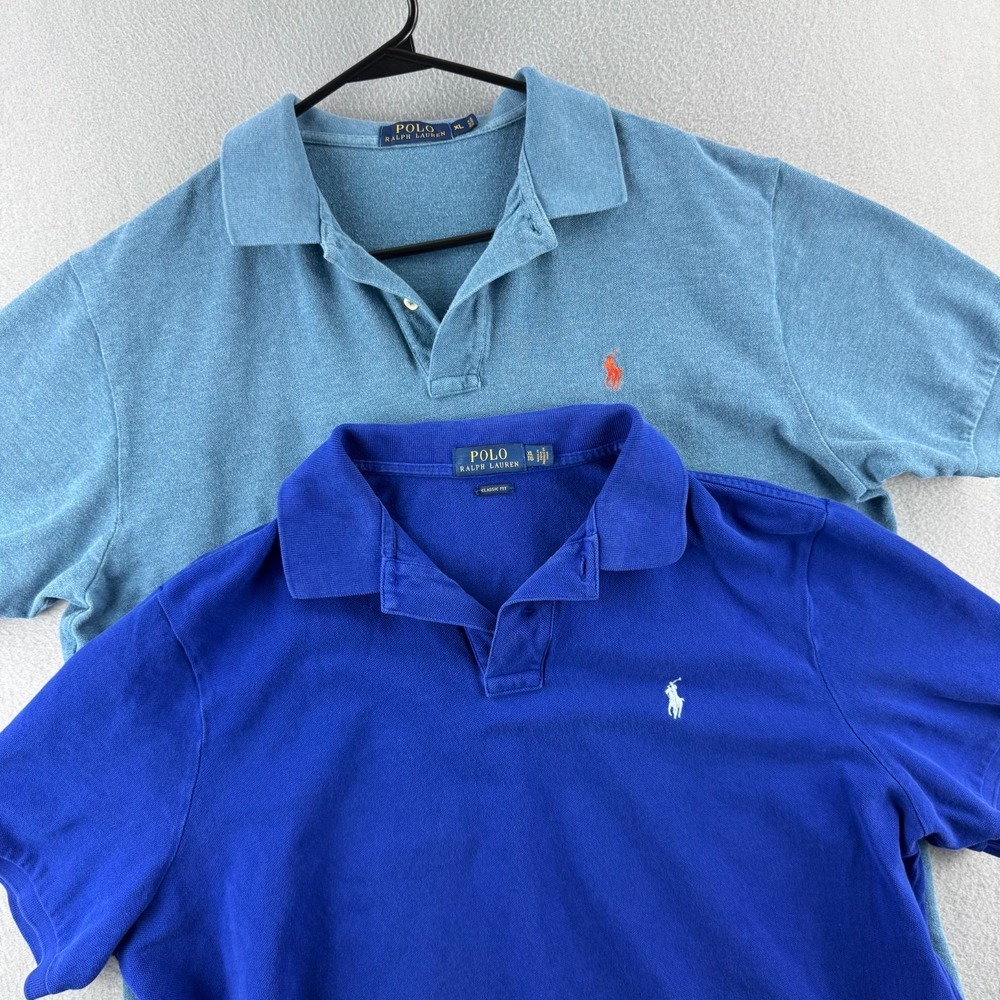 Lot of 2 Polo Ralph Lauren Polo Shirts Mens XL Blue Pique Cotton Short Sleeve